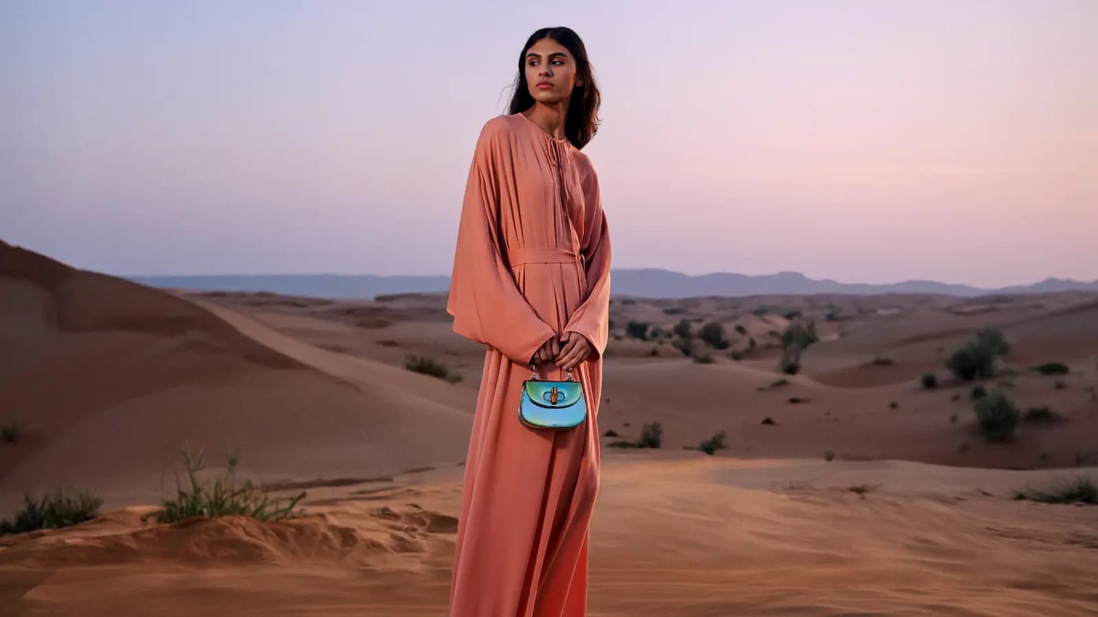 Gucci Nojum Campaign poster showing a model in a pink dress holding a handbag in a desert setting at dusk.