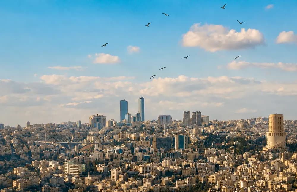 Amman city skyline with dense urban buildings, high-rise towers, birds in the sky, and warm daylight over the city.
