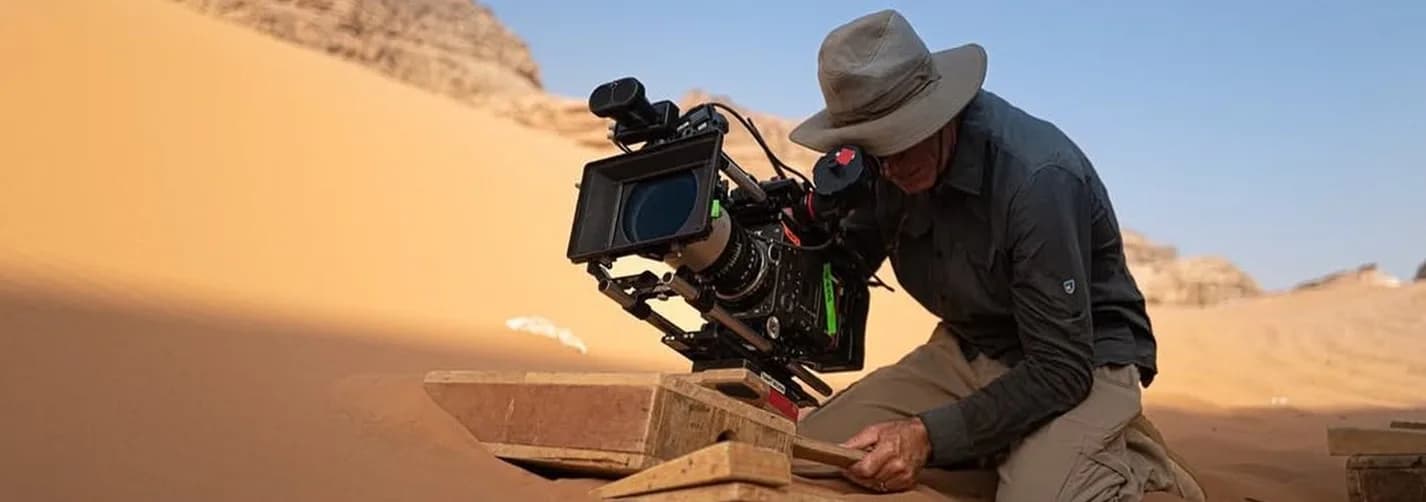 Camera operator setting up a cinema camera on wooden boards in desert sand with dunes and rocky terrain behind.