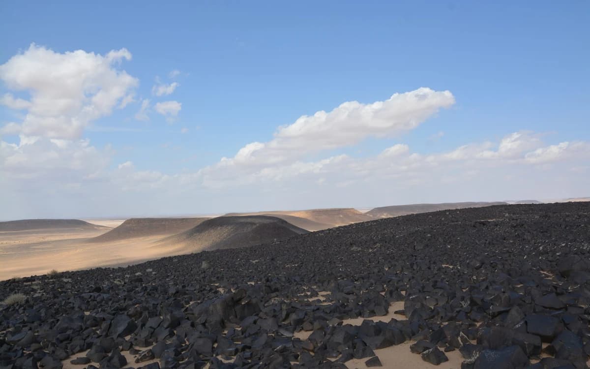 Dark rocky desert plain in Jordan with black stone fields, low hills, open sky, and scattered clouds.