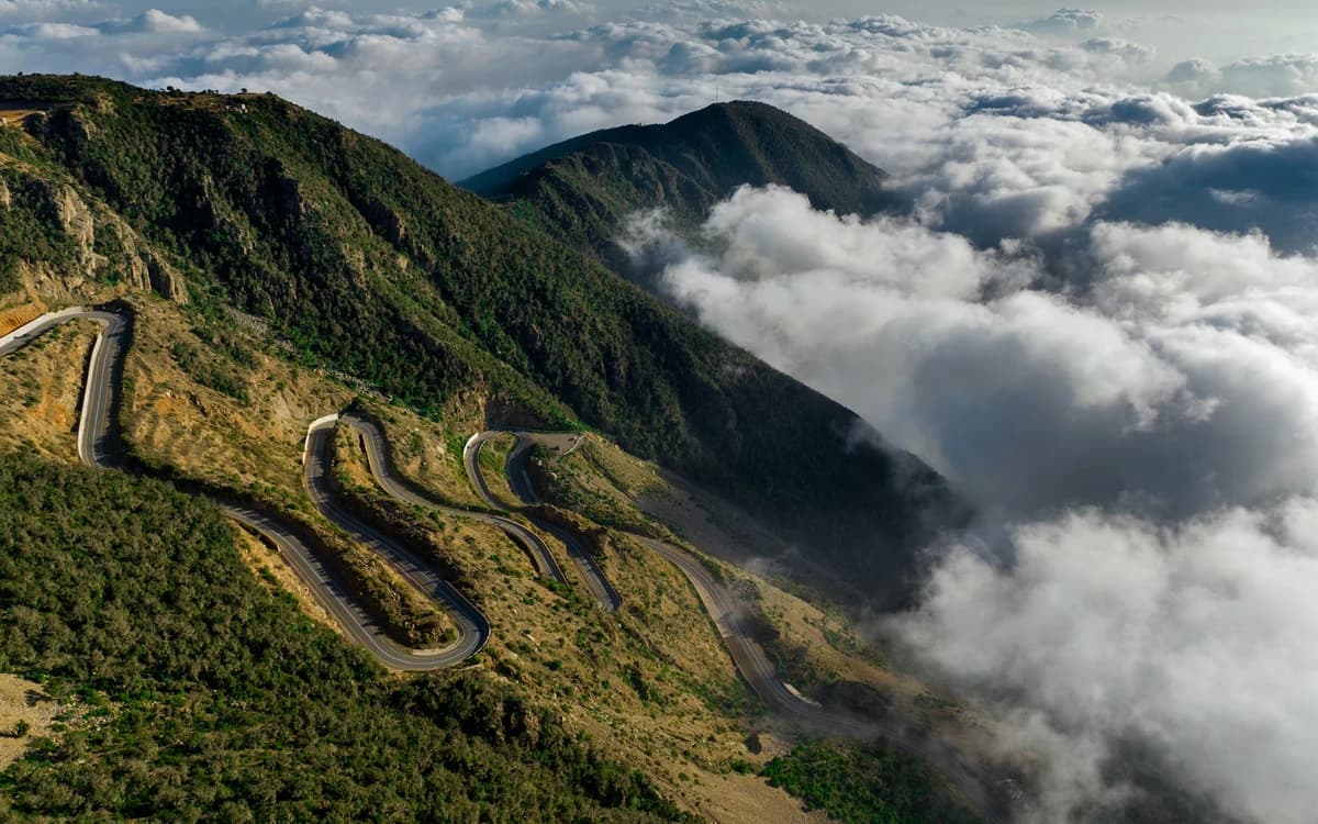 Mountain road in Aseer, Saudi Arabia, winding through green highlands above clouds and forested slopes.