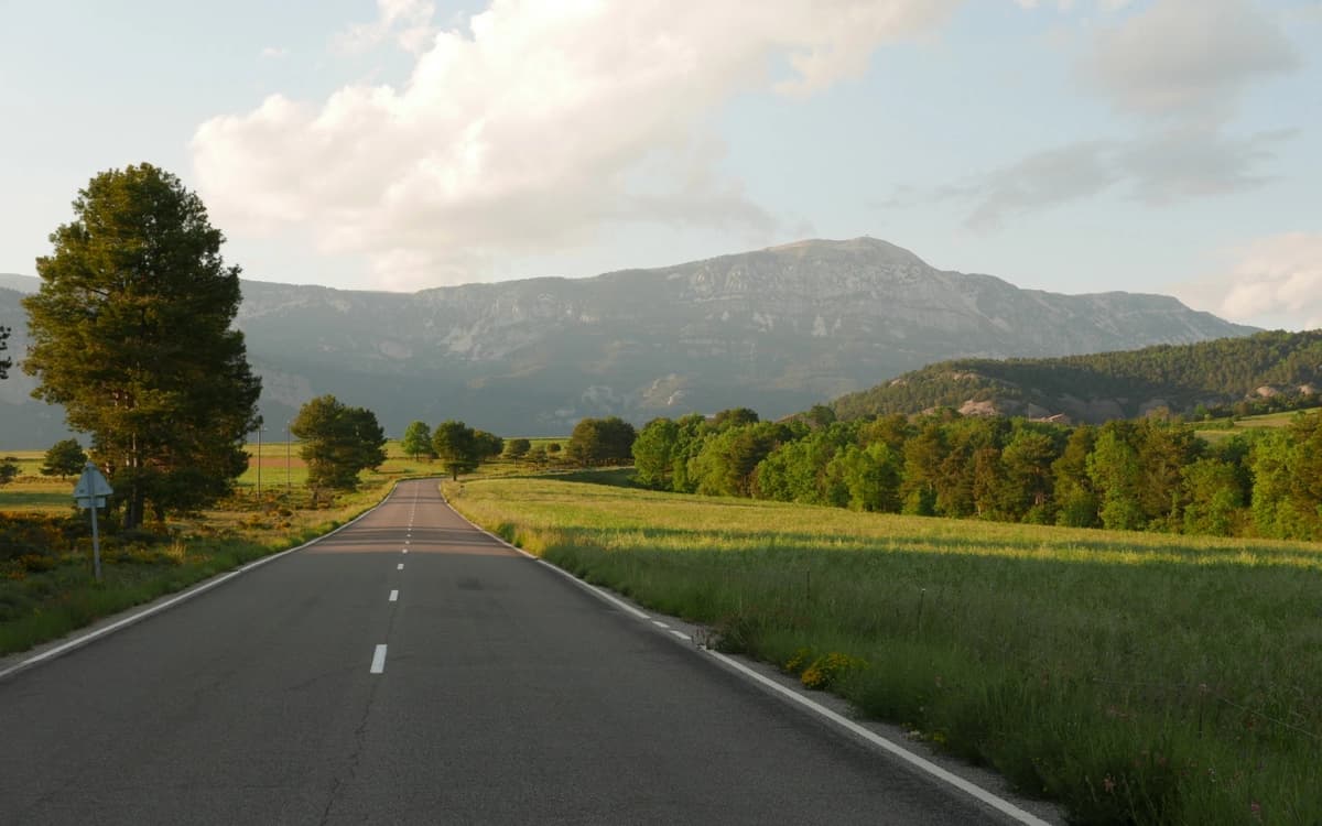 Scenic road in Lleida with green meadows, trees, mountain range, and soft evening light.