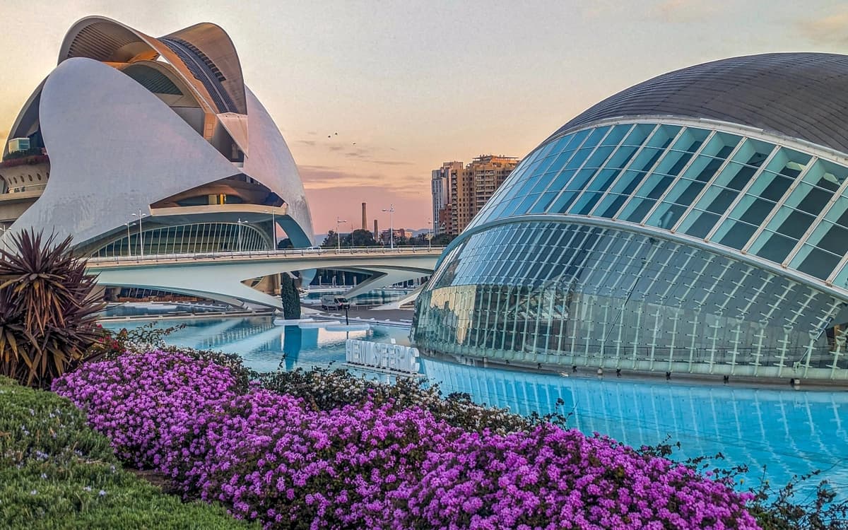 Valencia City of Arts and Sciences at sunset with Hemisfèric, opera house architecture, water reflections, flowers, and modern skyline.